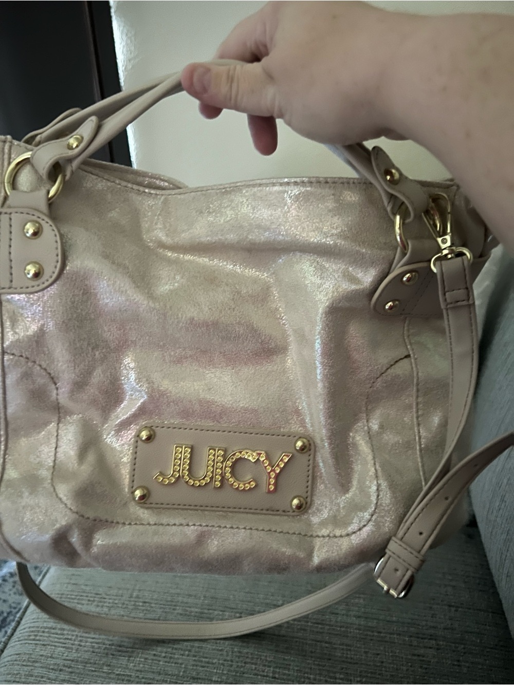 Juicy Couture Shimmering Mother of Pearl Finish Shoulder Tote with Gold Hardware